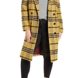 Sam Edelman Yellow and Black Plaid Wool-Blend Double-Breasted Peacoat